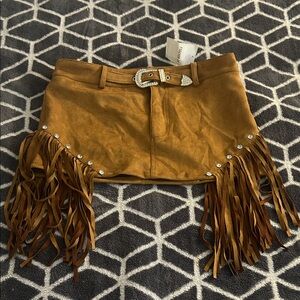 Forever 21 Brown Suede Fringe Mini Skirt with Rhinestone Buckle